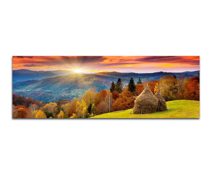 Paul Sinus Art Panoramabild auf Leinwand und Keilrahmen 150x50cm Wald Berge Wiese Herbst Sonnenunter