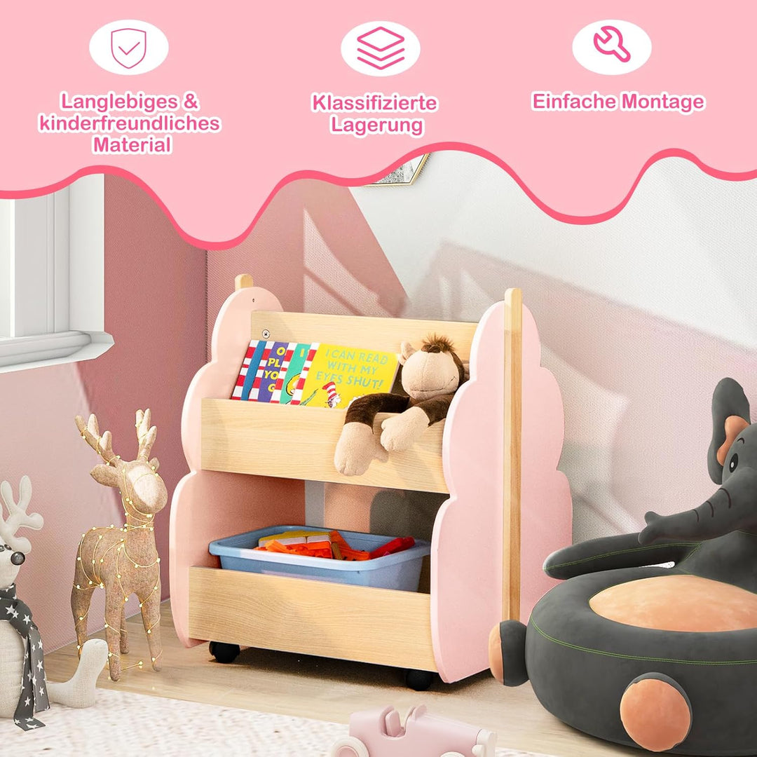 COSTWAY Kinder Bücherregal auf Rollen, 2 Ebenen Spielzeugregal aus Holz, 52 x 46 x 62,5 cm (Rosa), R
