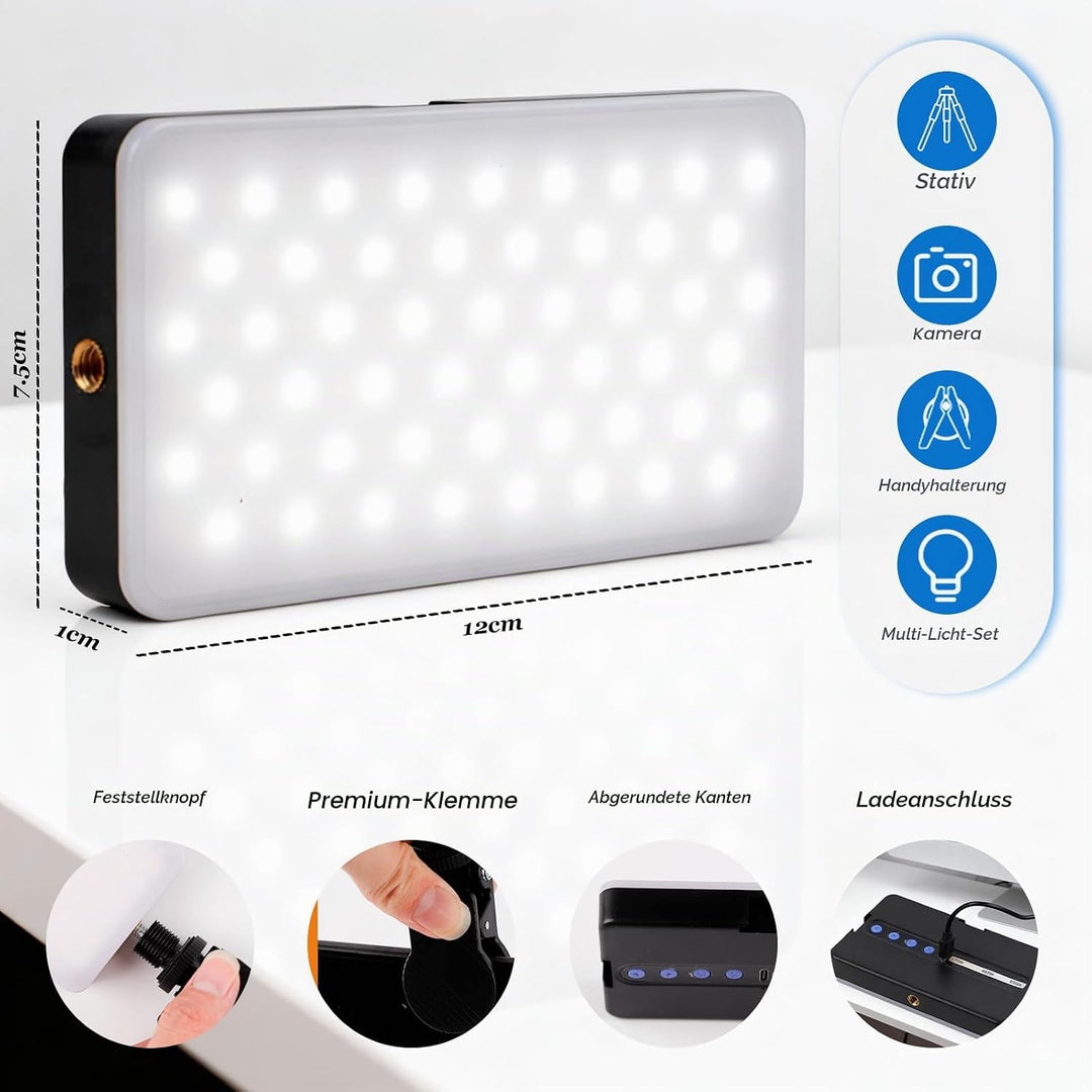 M140 LED Selfie Licht mit 2000mAh Akku, 6500K Profi Video Licht für Handy/Tablet/Kamera, Rotierbares