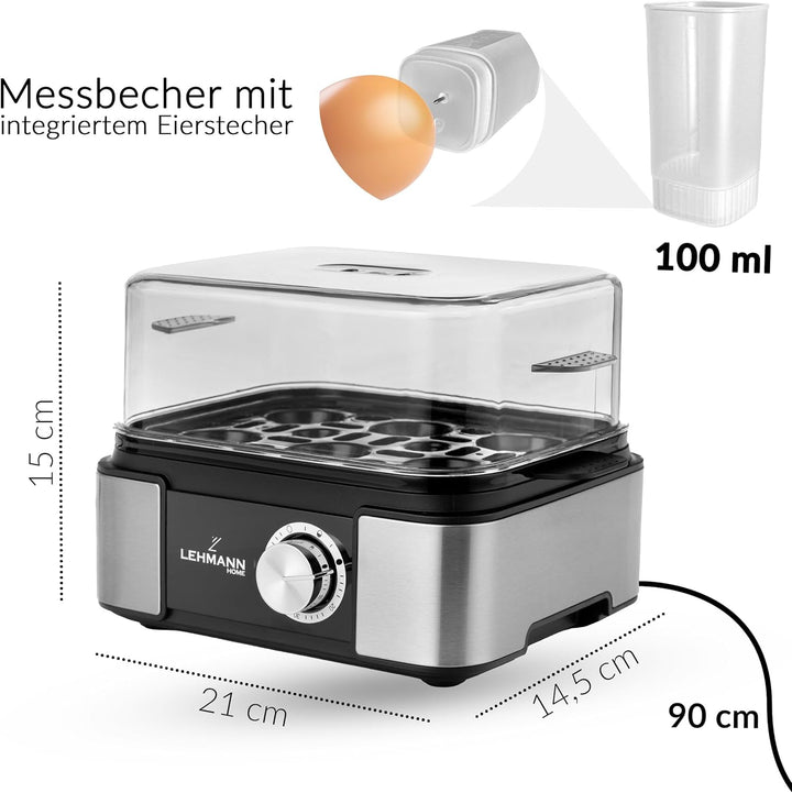 LEHMANN Eierkocher Edelstahl bis zu 6 Eier - Egg Cooker mit Härtegradeinstellung und Signalton - Per
