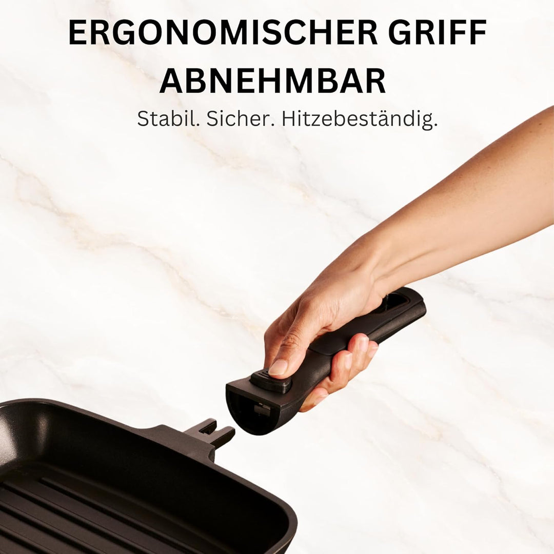 Stone&amp;Stone Antihaft-Grillpfanne 28 cm | quadratische Grillplatte mit abnehmbarem Griff | Induktions