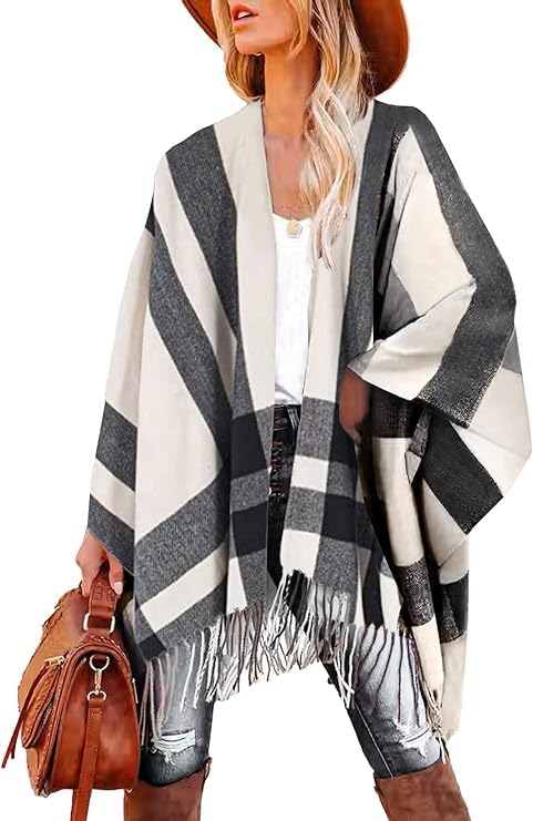 breezy lane Damen Schal Wrap Plaid Poncho Cape Übergrosse Open Front Strick Umhang Quaste Decke Card
