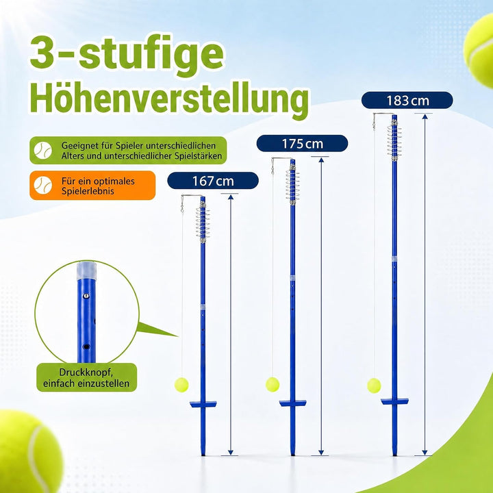 GYMAX Tetherball Set, 3-stufig höhenverstellbares Twistball Set, inkl. 1 Tennisball &amp; 2 Schlägern &amp;