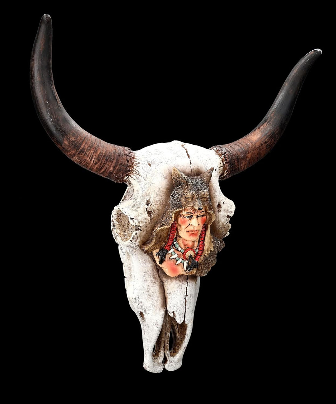Figuren Shop GmbH Wanddeko Totenkopf Rind mit Indianer Relief 35 cm gross - Relief mit Hörnern | Tro