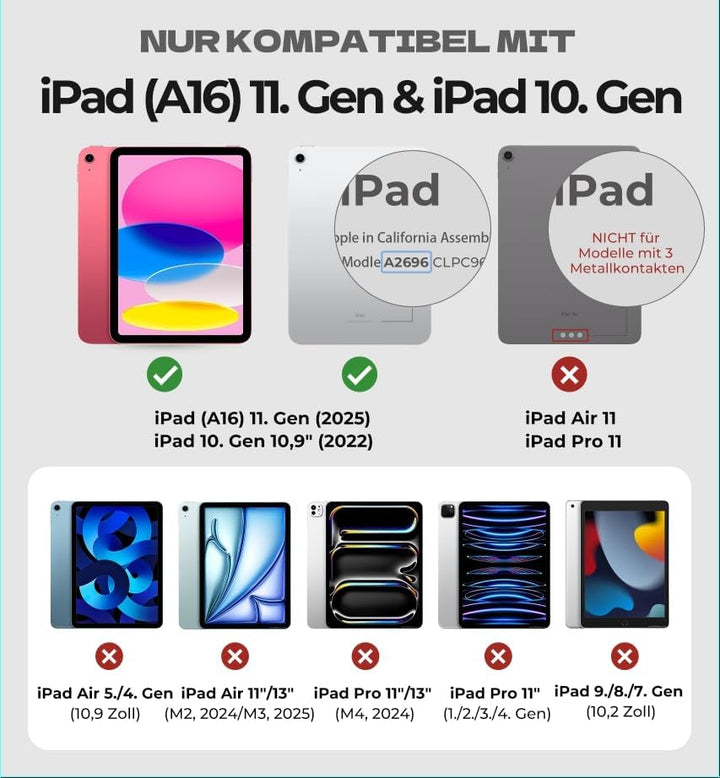 Dexnor Hülle mit Tastatur für iPad A16 11 Generation/10 Generation(11/10.9 Zoll, 2025/2022), Magneti