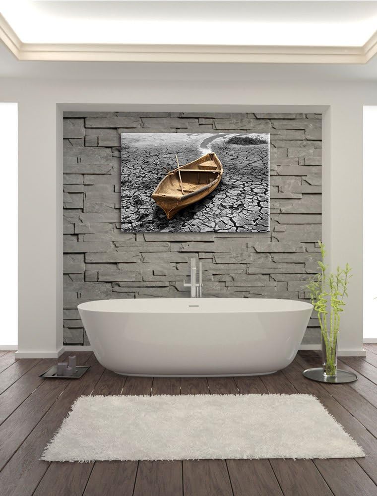 Ausgetrockenter Fluss mit Boot schwarz/weiss Format: 100x70 cm auf Leinwand, XXL riesige Bilder fert