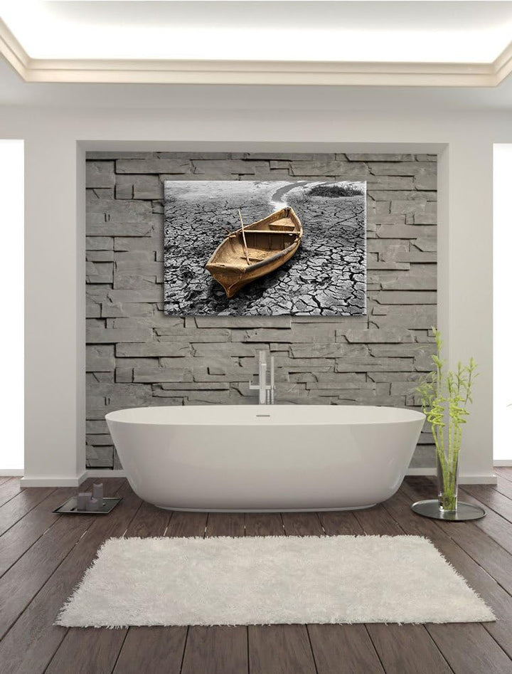 Ausgetrockenter Fluss mit Boot schwarz/weiss Format: 100x70 cm auf Leinwand, XXL riesige Bilder fert
