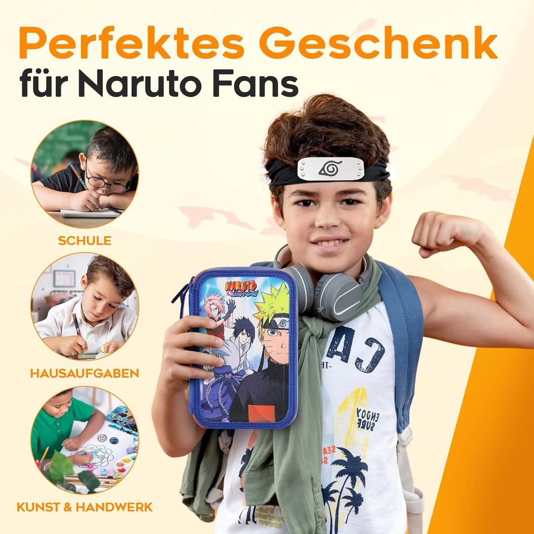 Naruto Federmäppchen, Anime-Fan Mäppchen mit Kompletten Schulsachen, Leichtes Zweifachfach Schulmäpp