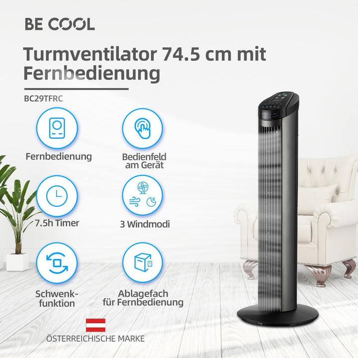 Be Cool Turmventilator 74,5cm mit Fernbedienung BC29TFRC – 74,5 cm, 50 Watt, 3 Windmodi, 7,5 Std. Ti