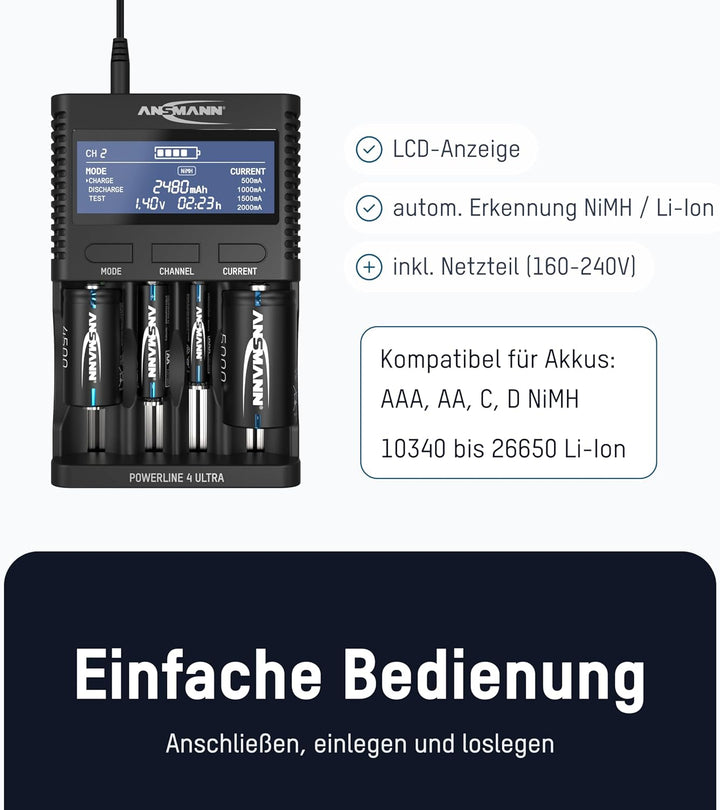 ANSMANN Akku-Ladegerät für AA/AAA/C/D NiMH Akkus & Li-Ion 18650/26650 Batterieladegerät mit 4 Ladepr