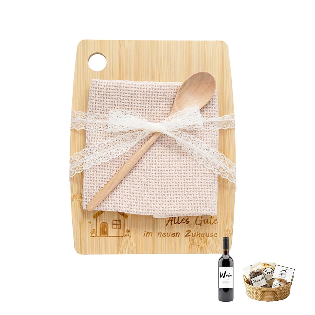 Geschenk zum Einzug – Brotkorb Set mit Holz Schneidebrett, Kochlöffel, Küchentuch & Aufklebern für S