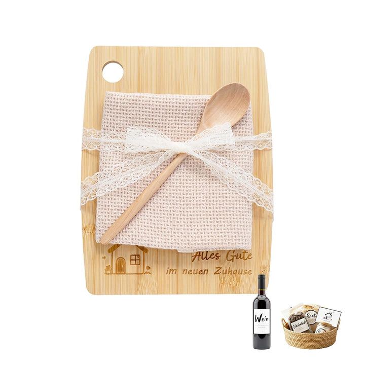 Geschenk zum Einzug – Brotkorb Set mit Holz Schneidebrett, Kochlöffel, Küchentuch & Aufklebern für S