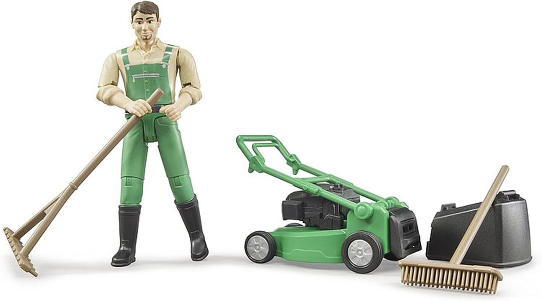 bruder 62103 - Bworld Gärtner mit Rasenmäher & Gartengeräten - 1:16 Mann Spielzeug-Figur Arbeiter Ba