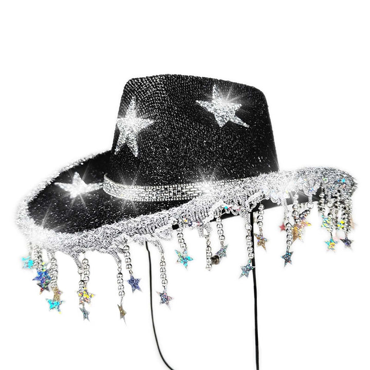 Glitzer Cowboyhut mit Pailletten Sternen & Fransen - Funkelnder Westernhut Disco Partyhut für Damen