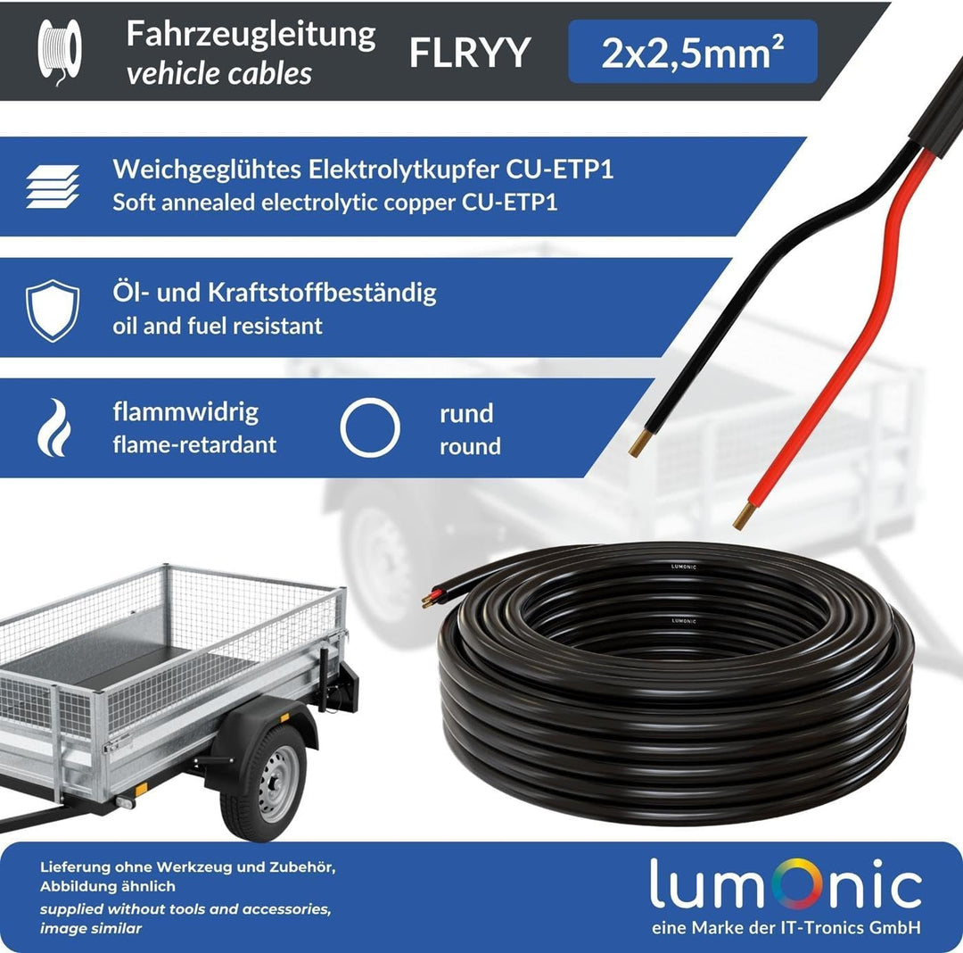 10m Lumonic 1m FLRYY Fahrzeugkabel 2 adrig I Fahrzeugleitung mit Kabelquerschnitt 2x 2,5mm² I Kabel