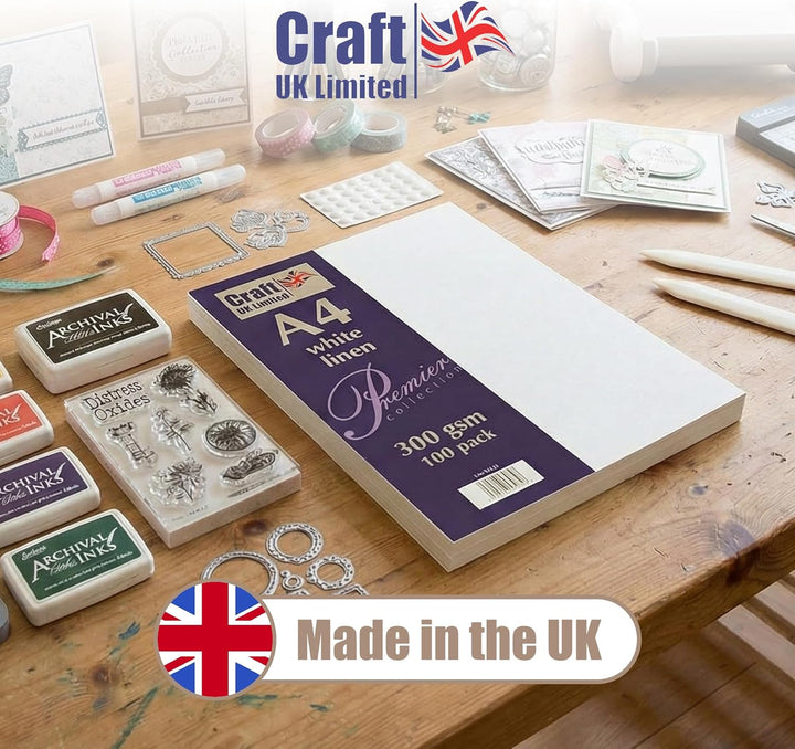 Craft UK W123, recycelter Leinen-Karton, 300 g/m², weiss, 100 Blatt. Weisser Leinen-Karton, 300 g/m²