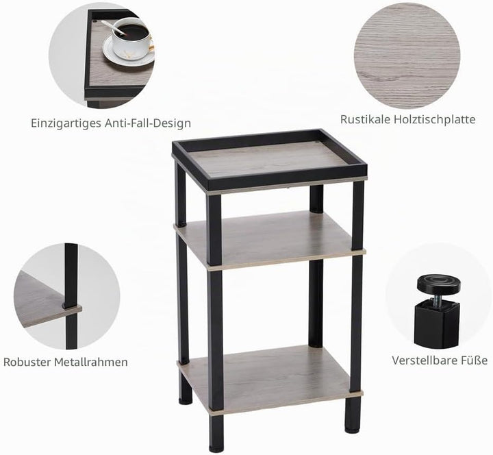 Beistelltisch Rechteckig Schmal, 3 Ebenen Nachttisch Industrial Design, Kleiner Couchtisch mit Table