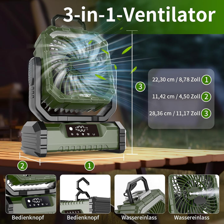 Camping Ventilator 20000mAh, Wiederaufladbarer Tischventilator USB Ventilator mit LED Licht & Haken,