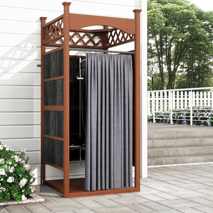 Gartendusche Outdoor Dusche aus Massivholz, Duschkabine & Umkleidekabine mit Duschvorhang & Bodenmat