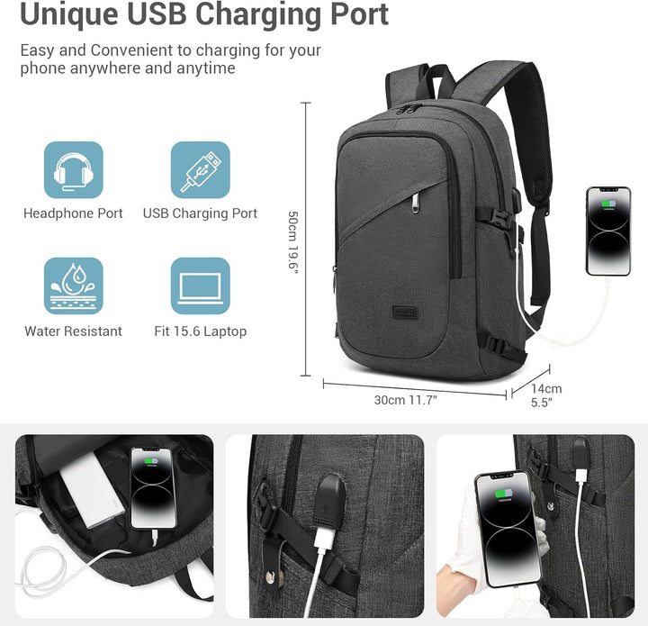 KONO Rucksack Herren, Laptop Rucksack 15,6 Zoll Anti-Diebstahl mit USB-Ladeanschluss, Schulrucksack