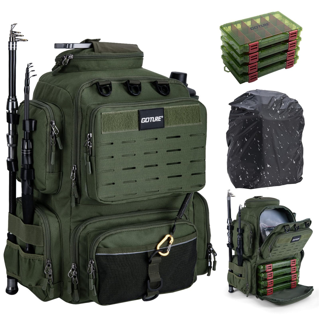 Goture Angelrucksack mit 4 Köderbox Angeln, 45-Liter Angelzubehör-Rucksack mit Zwei Rutenhaltern und