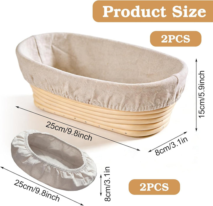 BAIFULAI Gärkörbchen oval 2er-Set, Ø25cm Brotgärkörbe mit Leineneinsatz, Gärkörbchen Set, Gärkorb Ov