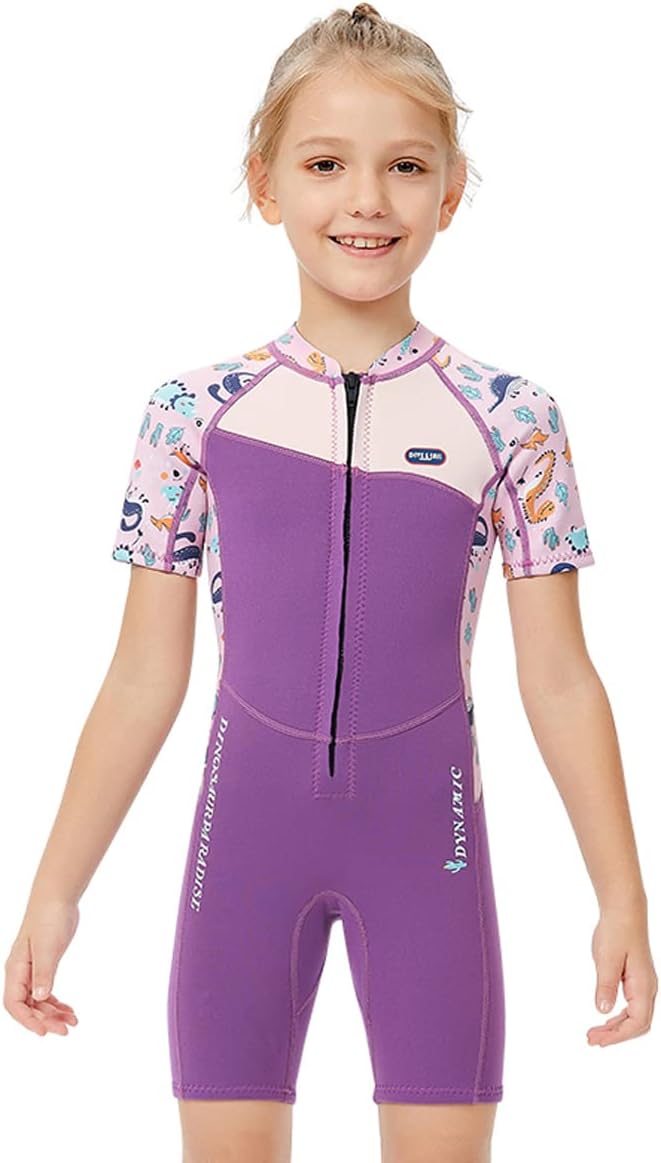 Mädchen 2.5mm Neoprenanzug Kinder Einteiler Tauchanzug Tropisch Violet Kurzarm Shorty Badeanzug Schn