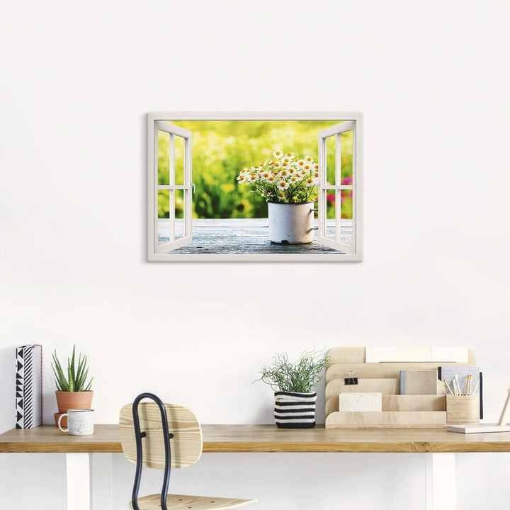 Artland Leinwandbild Wandbild Bild auf Leinwand 70x50 cm Wanddeko Fensterblick Fenster Botanik Blume