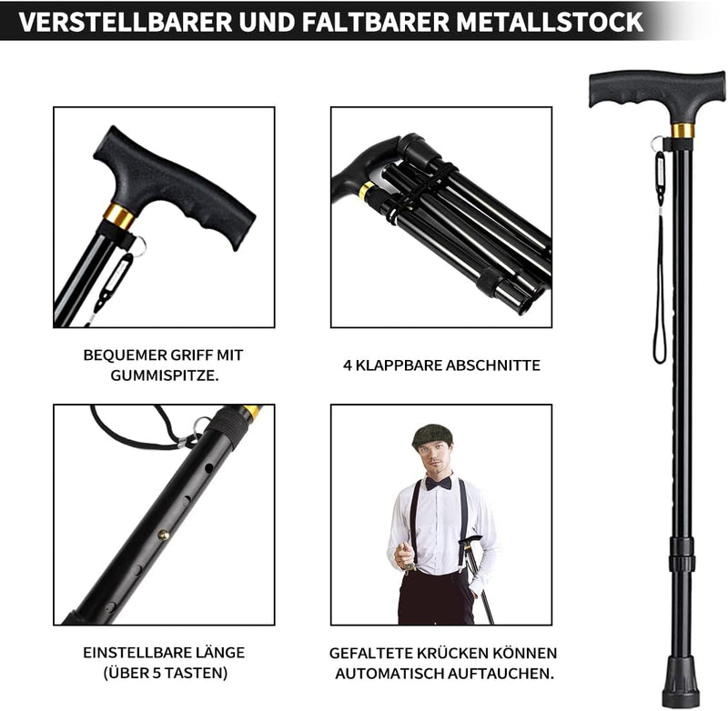 WILDPARTY 20er Jahre Kostüm Herren Accessoires, Faltbarer Krücken Metall, Panamahut, Taschenuhr, Met