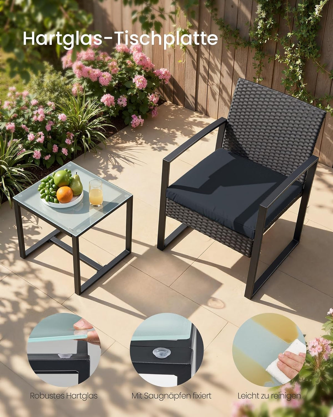 SONGMICS Balkonmöbel, Gartenmöbel-Set, aus PE-Polyrattan, Lounge-Set, Tisch und 2 Stühle, Terrassenm
