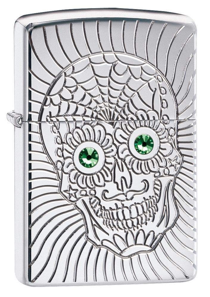 Zippo Armor Sugar Skull Design hochglanzpoliertes Chrom-Emblem angebrachtes Taschenfeuerzeug 49172 C