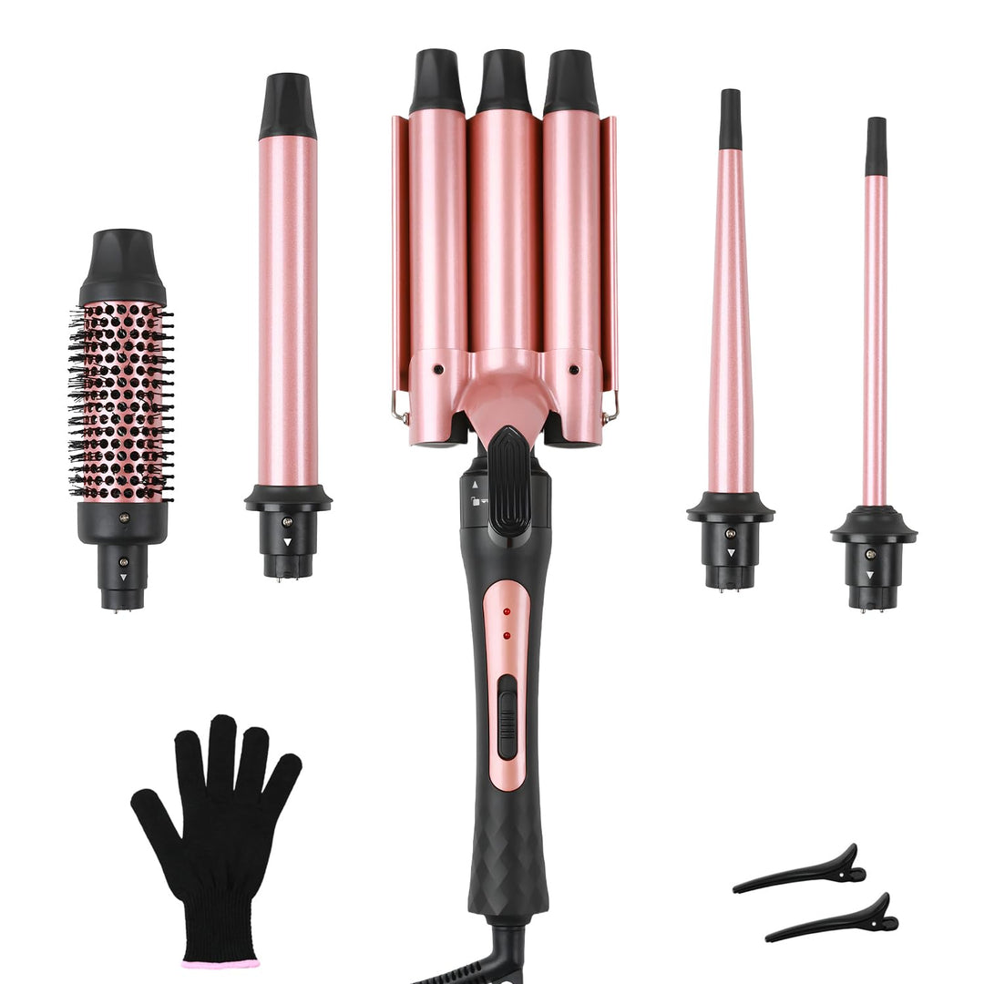 Lockenstäbe Set 5 in 1, Welleneisen mit Multifunktion Lockenbürste und 4 austauschbaren Lockenwickle