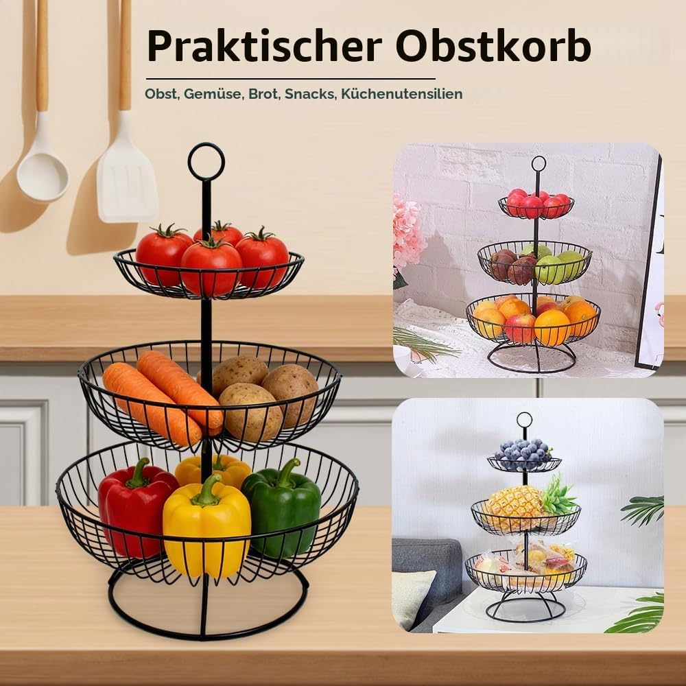 Obst Etagere 3 Stöckig, Obstkorb Etagere Metall, Stabil Obstschale Snackbar Obst und Gemüse Aufbewah