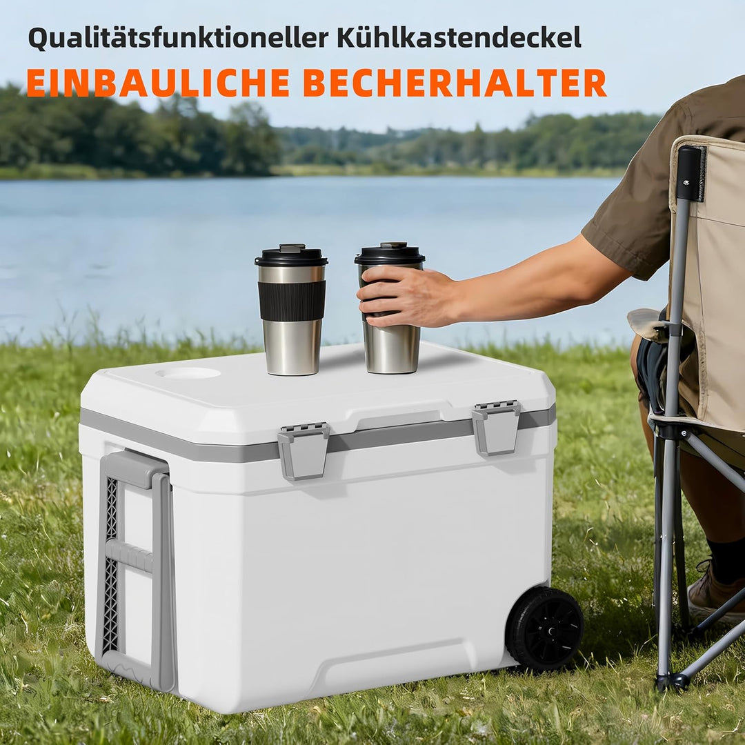 WISD 45L Kühlbox mit Rollen und Griff – Grosse Camping Kühlbox mit Metallverschlüssen & Ablaufstopfe
