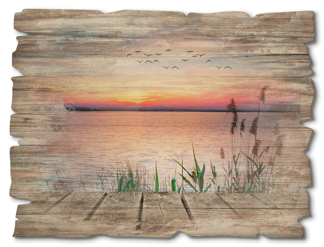 ARTland Wandbild aus Holz Shabby Chic Holzbild rechteckig 40x30 cm Querformat See Ufer Küste Steg So