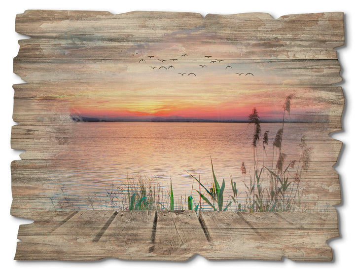 ARTland Wandbild aus Holz Shabby Chic Holzbild rechteckig 40x30 cm Querformat See Ufer Küste Steg So