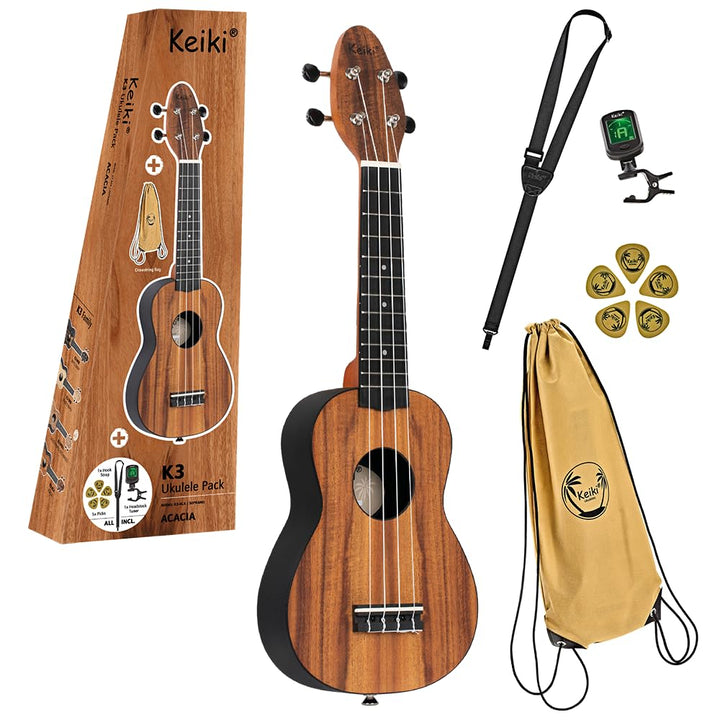 Ortega Guitars Sopran Ukulele natur - Keiki K3 - Starterkit inklusive Tuner, 5 Medium Plektren & Kor