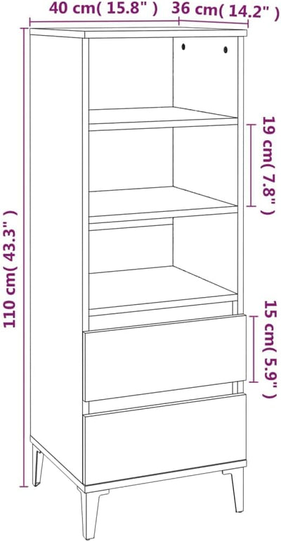 Makastle Modern Hochregal mit 3 offene Fächer & 2 Schubladen, Vitrinenschrank Bücherregal Bücherschr