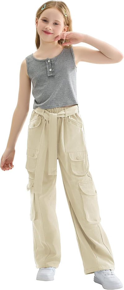 Rolanko Mädchen Baggy Cargo Hose, Elastisch Hohe Taille Gerade Weites Bein Streetwear Hose mit Mehre