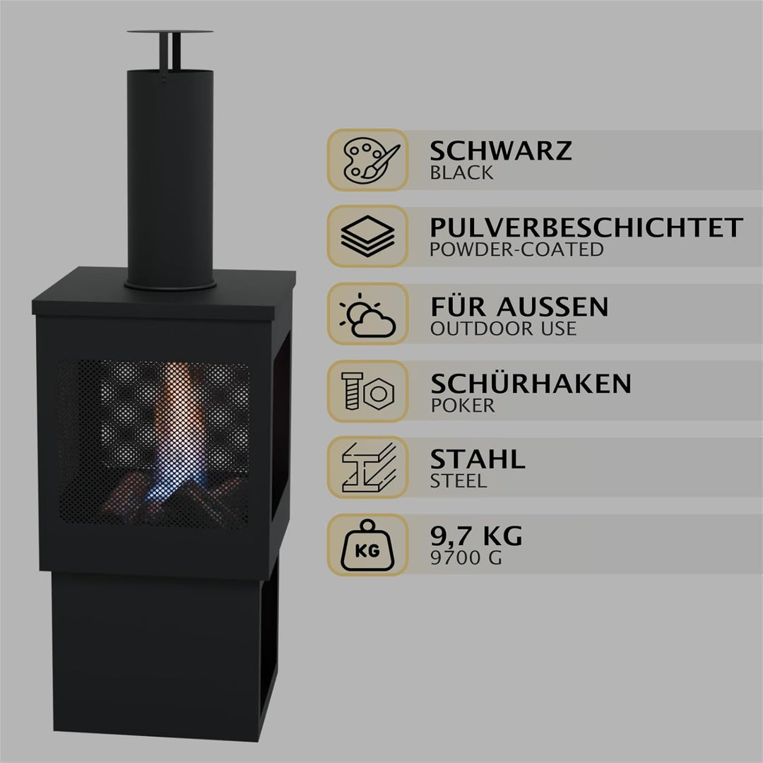 HAGO24 | Gartenkamin | Terrassenofen | Gartenofen | Stahl | Schwarz | Schürhaken | Eckig | Outdoor |