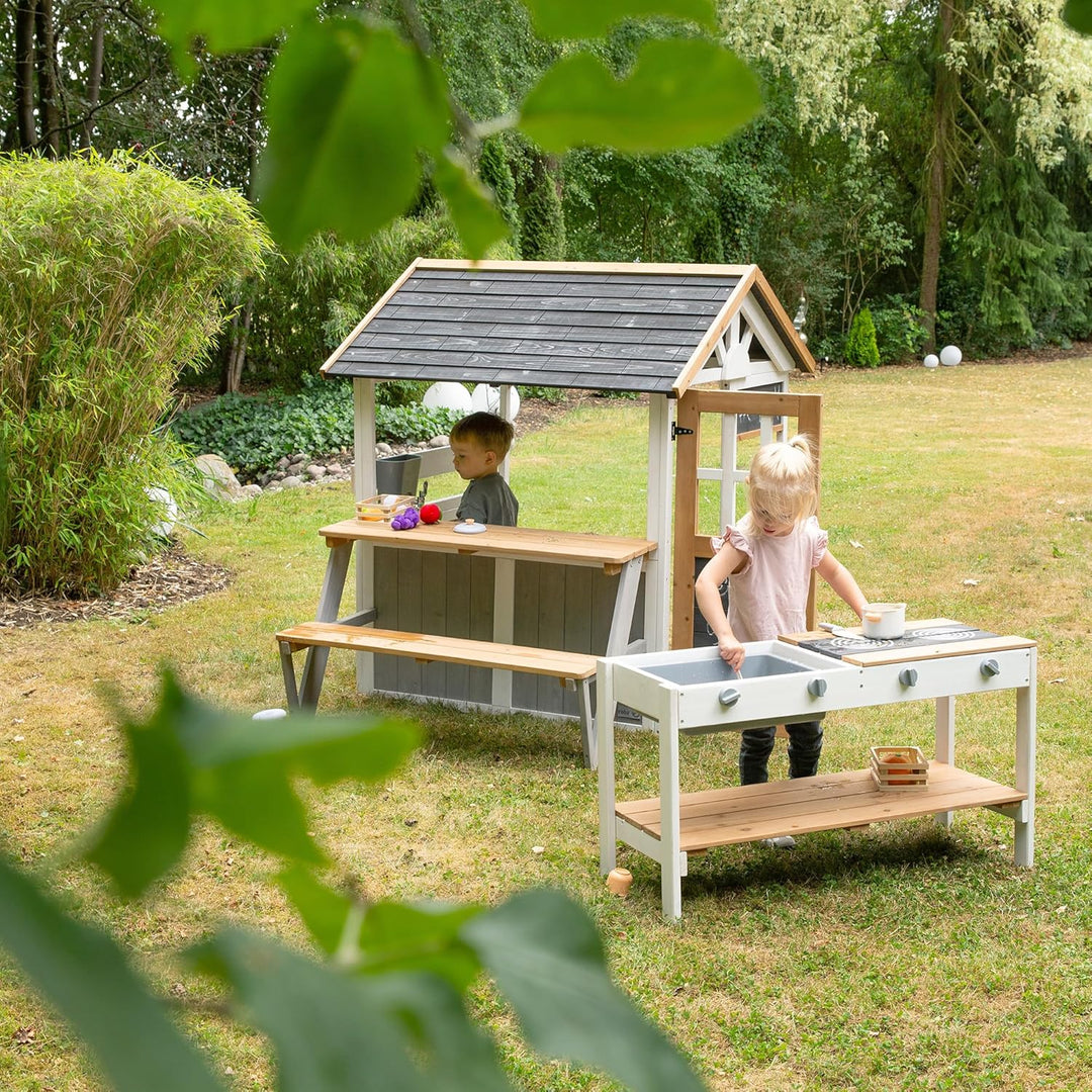 roba Spielküchenerweiterung für Spielhaus - Outdoor-Kinderküche weiss-braun mit BBQ- und Kochplatten