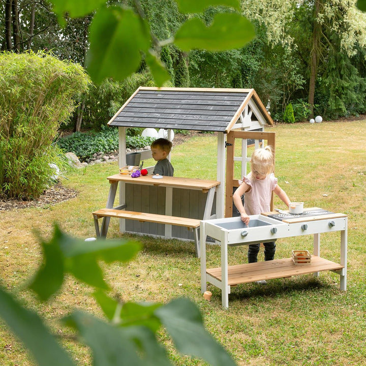roba Spielküchenerweiterung für Spielhaus - Outdoor-Kinderküche weiss-braun mit BBQ- und Kochplatten