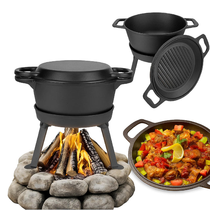 QLS Gusseisen Kessel 10 L Grill, Topf & Bratpfanne 3in1 – Schwerer Dutch Oven mit Deckel, abnehmbare