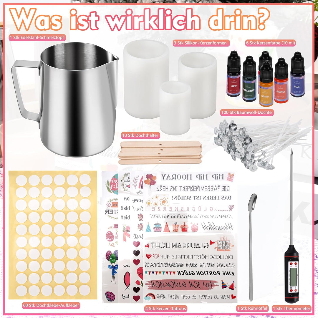 JelyArt Kerzenherstellung Kit Kerzen Selber Machen Set inkl 900 ml Kerzenwachs Schmelztopf mit Löffe