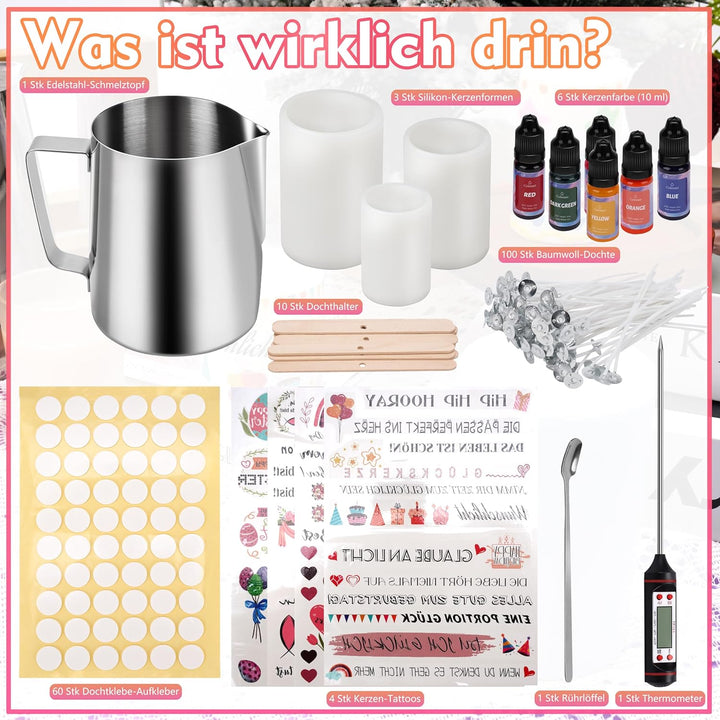 JelyArt Kerzenherstellung Kit Kerzen Selber Machen Set inkl 900 ml Kerzenwachs Schmelztopf mit Löffe