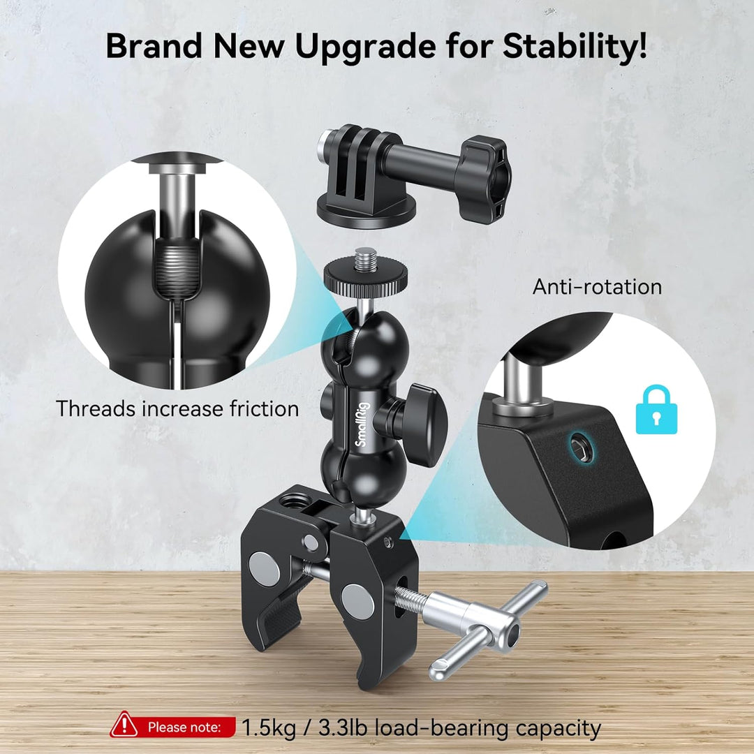 SMALLRIG Upgrade Mini Magic Arm, Kleiner Kugelkopf-Zauberarm mit Klemme, Super Klemme mit rutschfest