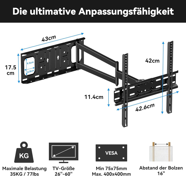 FORGING MOUNT TV Wandhalterung mit Langem Gelenkarm 650mm für 26-65 Zoll Flach & Curved Fernseher, S