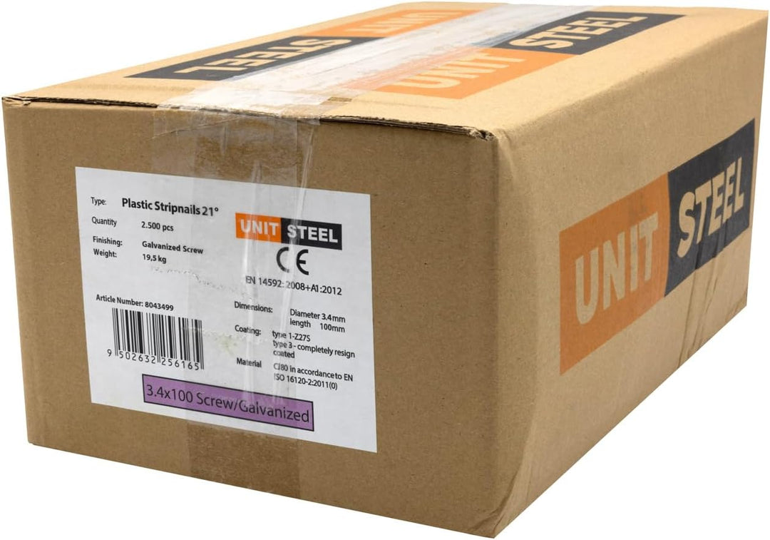 UnitSteel 21° Rundkopf Streifennägel - 3,4X100mm, 2.500 stück, Nägel für Druckluft-Nagler, Verzinkt/