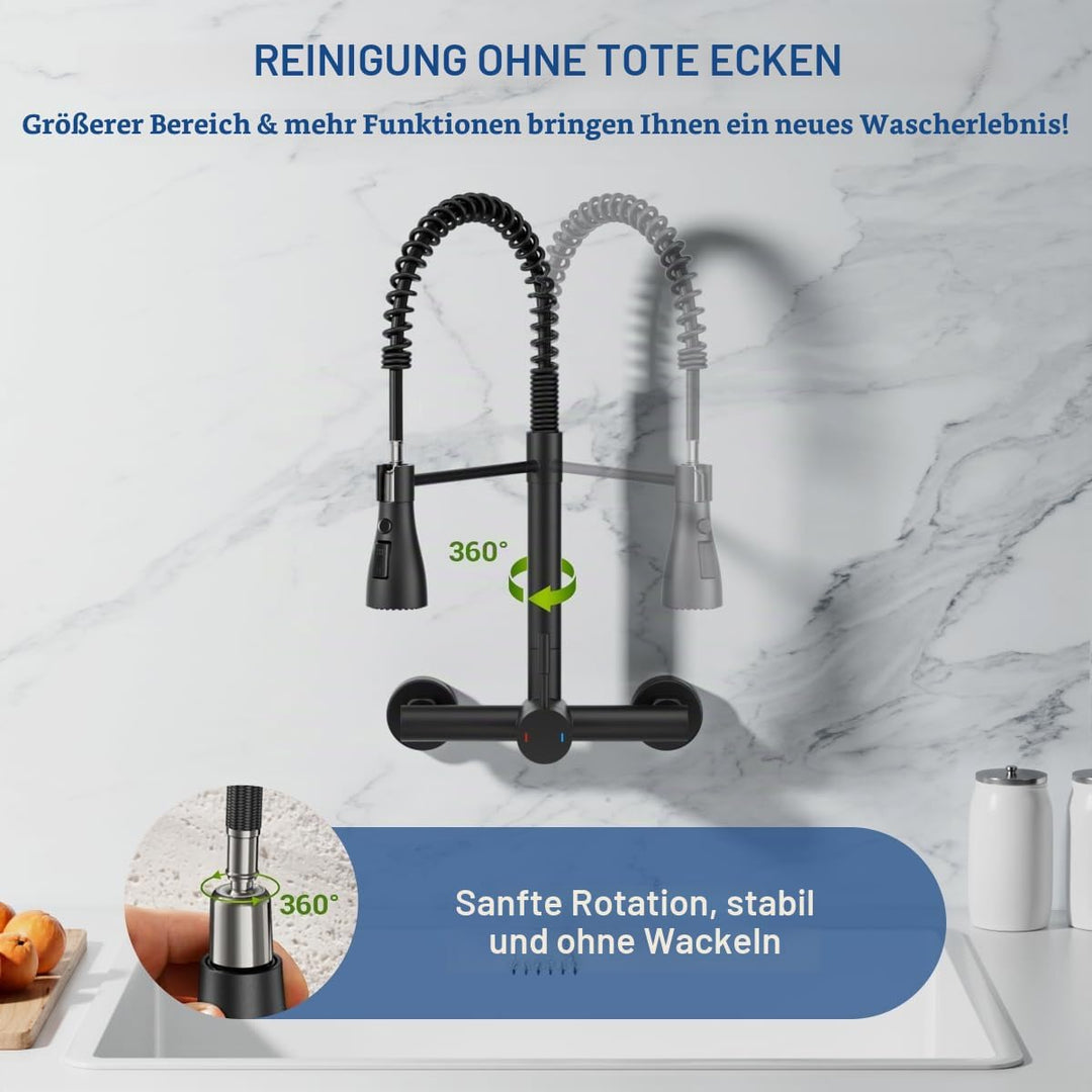 APPASO Wasserhahn Wandmontage (15cm Lochabstand) | Schwarz Matt armatur küche 3 Strahlarten &amp; 360° d