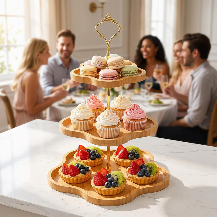 Etagere Obst 3 Stöckig, Kuchenständer Grosser Cupcake Ständer Holz Blumenform-Design, Bambus-Etagere